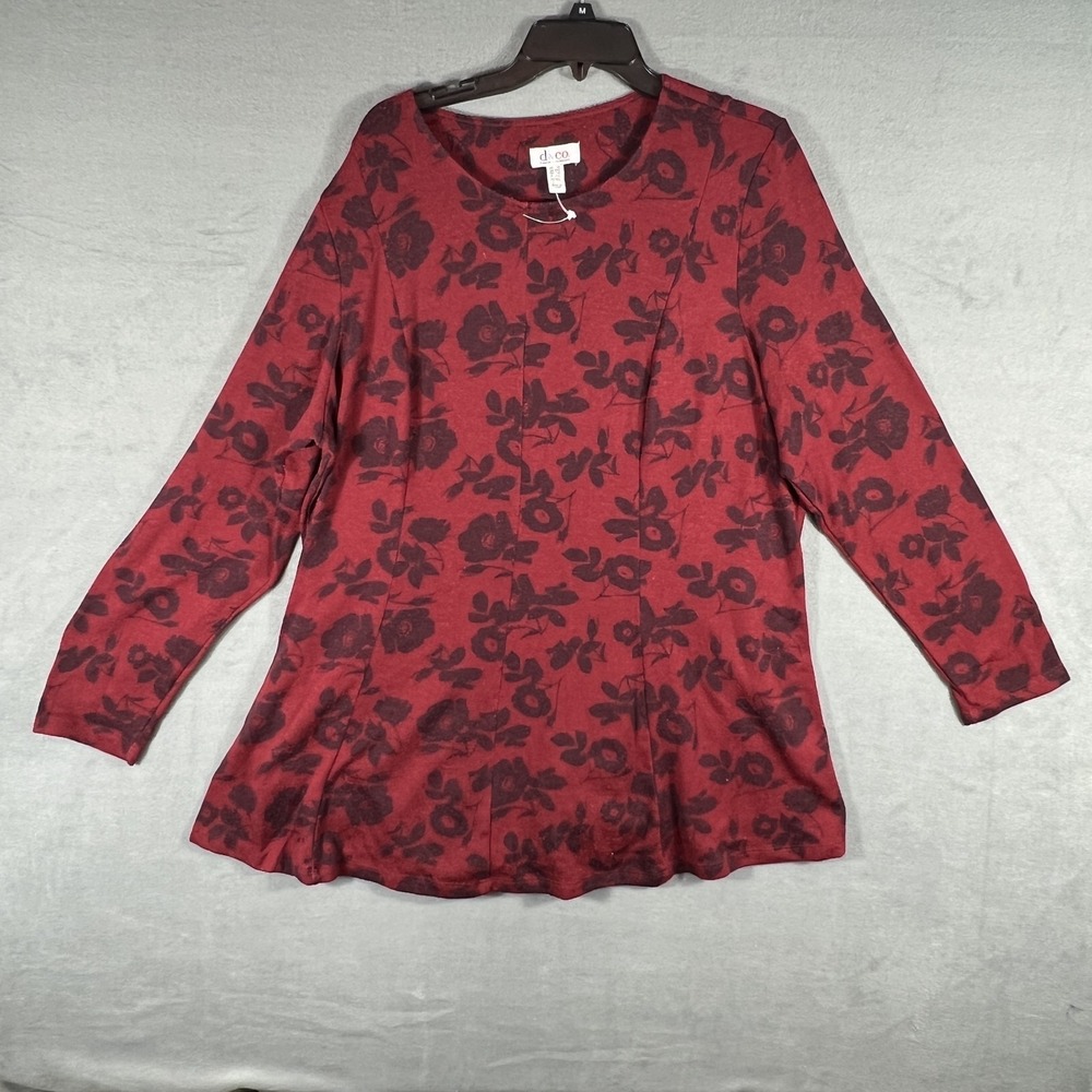 D&Co. Denim & Company Women's 1X Plus Red Maroon Floral Long Sleeve Tunic Top